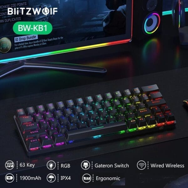 Blitzwolf Bw-kb1 Wireless Bluetooth-compatible Keyboard Gateron Black Switch Rgb 63 Keys Layout Nkro Type-c Mechanical Gaming