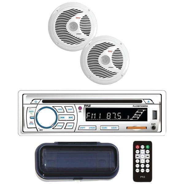 Pyle Plcdbt65mrw Marine Single-din In-dash Cd Am/fm Receiver With Two 6.5" Speakers, Splashproof Radio Cover & Bluetooth (white)