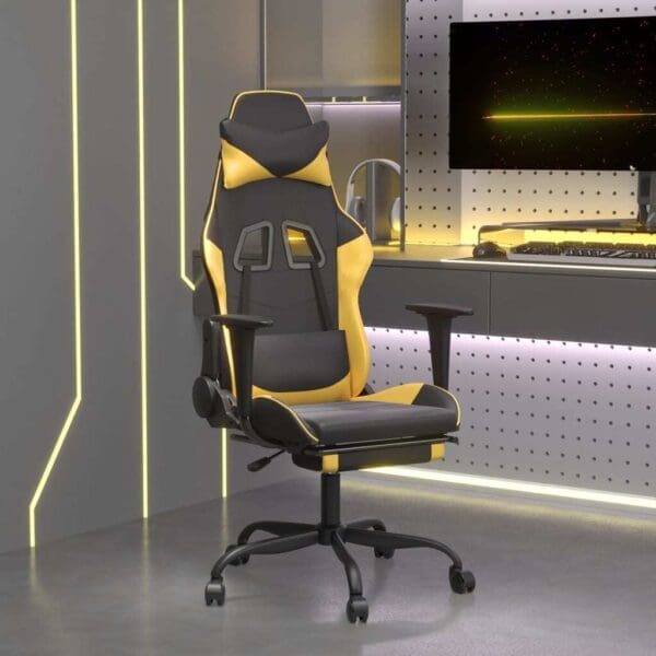 Vidaxl Gaming Chair With Footrest Black And Gold Faux Leather